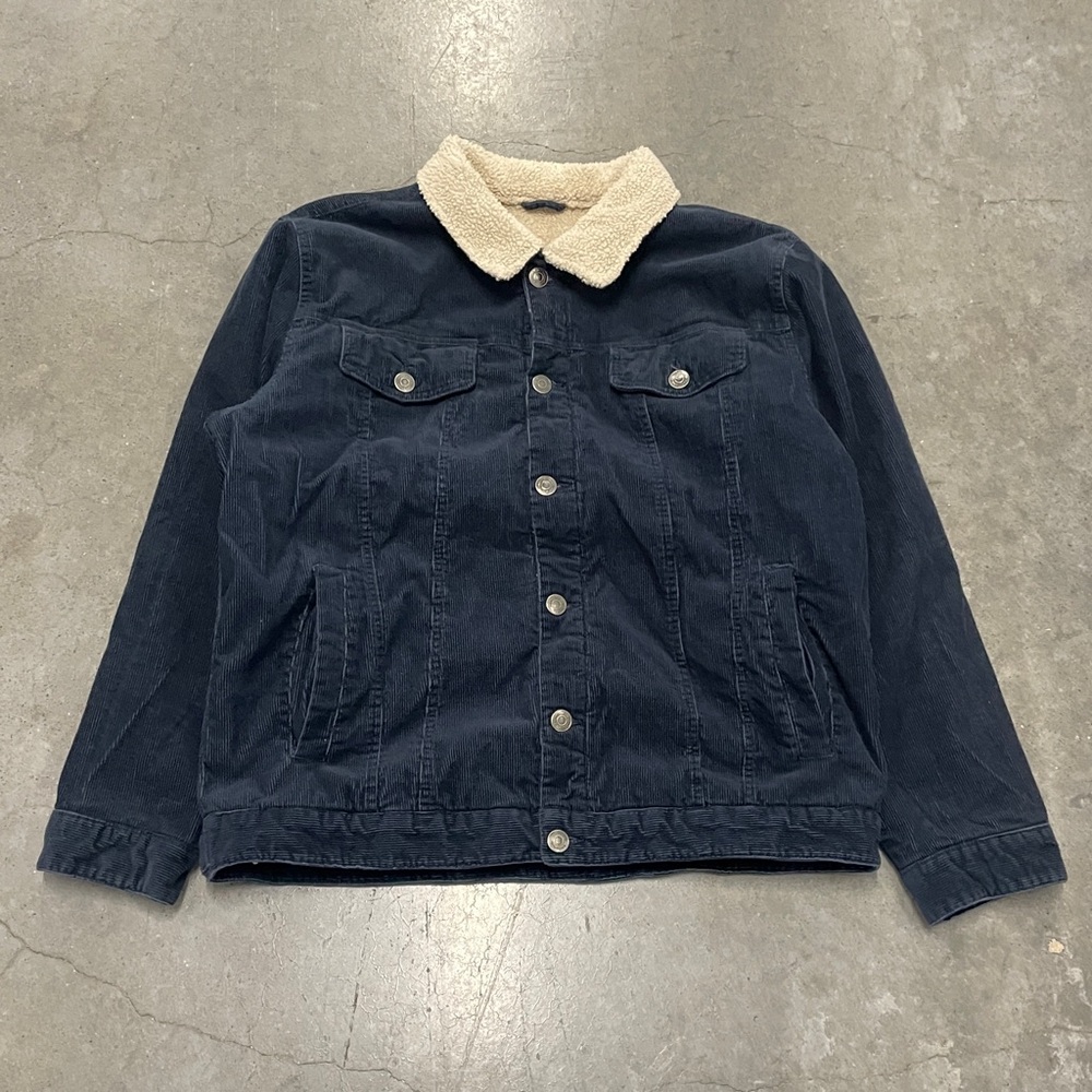 Y2K 2000s Anchor Blue Navy Corduroy Jacket Sherpa Lined Mens X-Large 23x27”